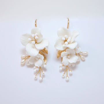 Natural Cultured Freshwater Pearl White Flower Earrings, Long Bridal Jewelry Crystal Bridal Earrings Statement Earrings